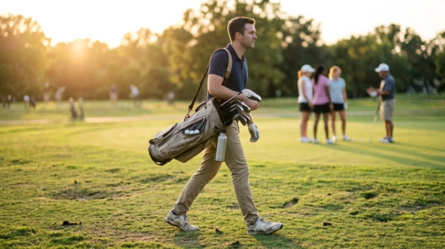 Budget golfer walking nine holes with used clubs, simple gear, and reusable water bottle.