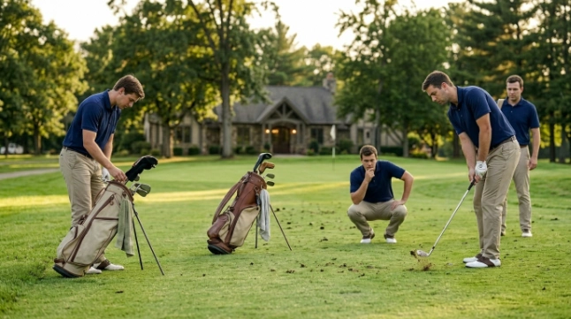 Four golfers using ready golf habits to keep an 18-hole round moving efficiently