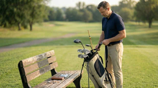 Golfer checks a lightweight bag with a reduced club setup before a walking round.