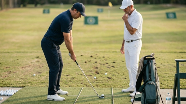 Should you take lessons? Beginner golfer works on grip and setup with an instructor at the range.
