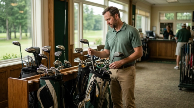 Rent vs Buy Golf Clubs scene showing a golfer checking rental sets, shafts, grips, and club selection.