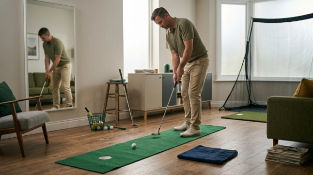 Golfer practicing putting, chipping, setup, and swing skills at home