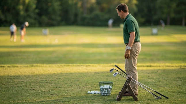 Golfer completing a focused 30 to 60 minute practice session at a driving range.