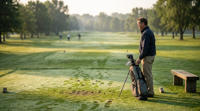 When to play 18 holes illustrated by a golfer starting an uncrowded early-morning round.