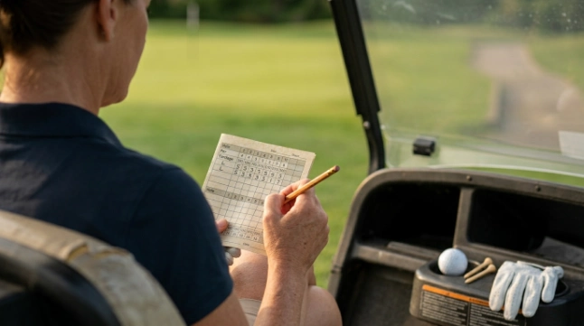 Beginner golfer recording a completed hole while learning how to keep score in golf