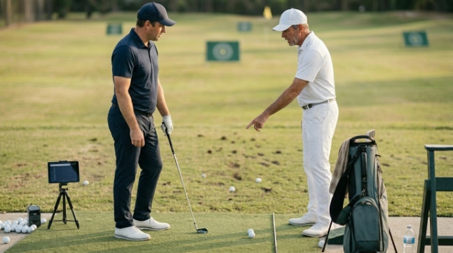 Should you take lessons? Golfer discusses a simple practice plan with an instructor at the range.