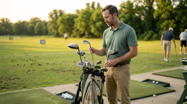 Rent vs Buy Golf Clubs scene showing a regular golfer practicing with a familiar personal club set.