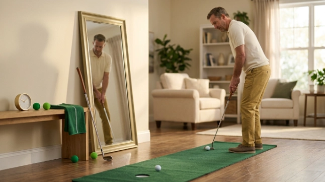 Golfer completing a short focused home golf putting practice session