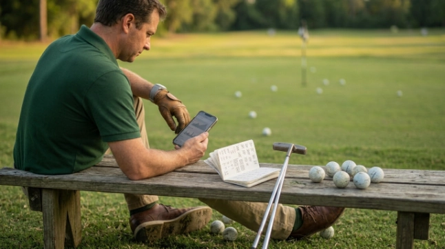 Golfer tracking putting, chipping, iron, and driver practice results after a focused session.