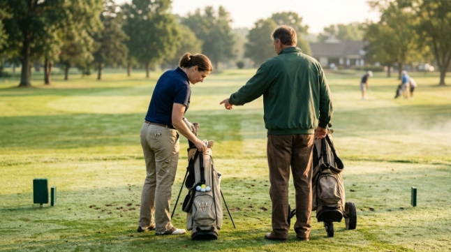 When to play 18 holes preparation with a beginner golfer, patient partner, extra balls, and friendly tees.