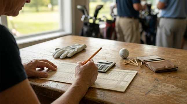 Golfer calculating 95 gross minus 18 handicap for a 77 net golf score