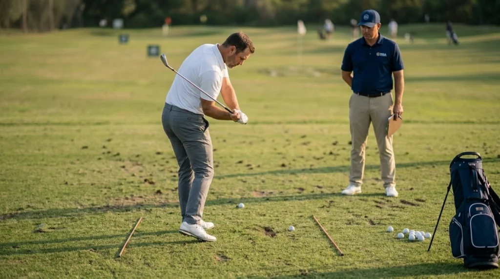 Golfer practicing the eight-stage golf swing sequence with balanced transition and rotation.