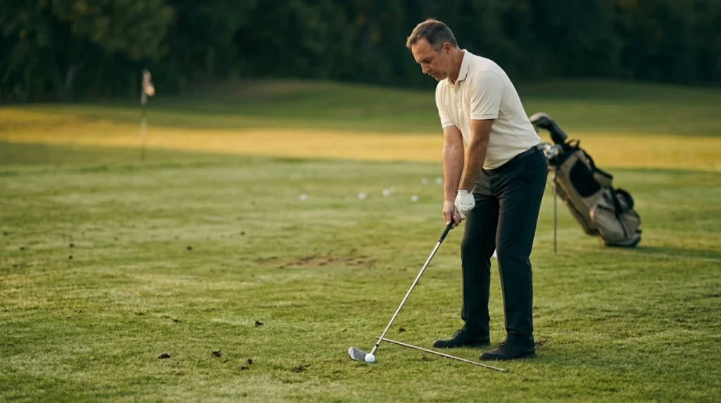 Golf swing mechanics setup showing alignment, athletic posture, grip, and correct ball position.