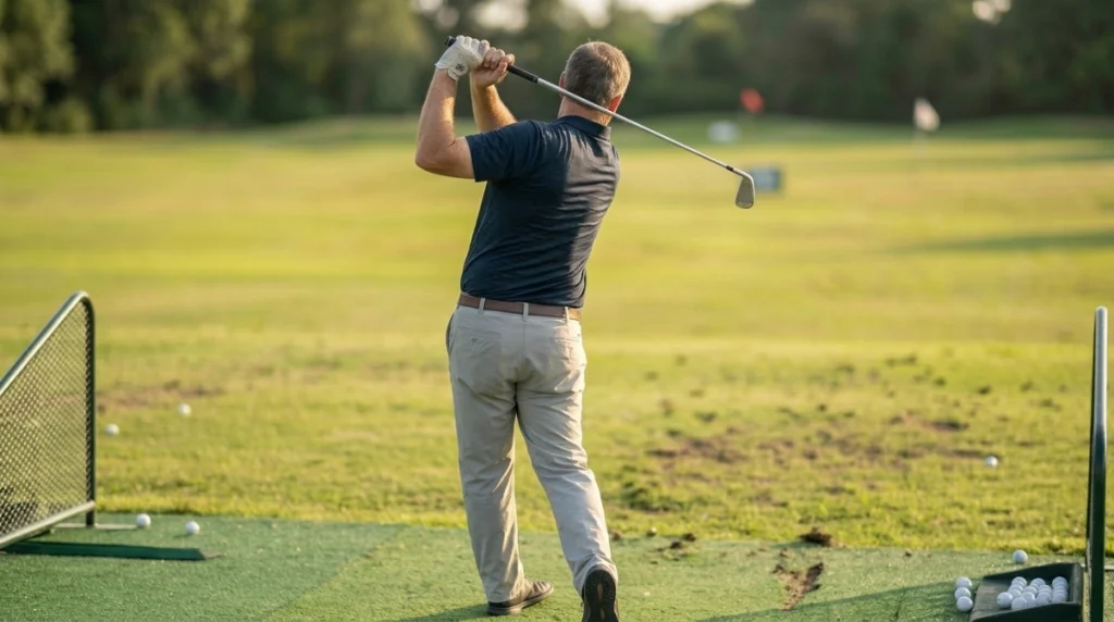 Golfer demonstrating a one-plane swing with lead arm near the shoulder plane and deeper hands