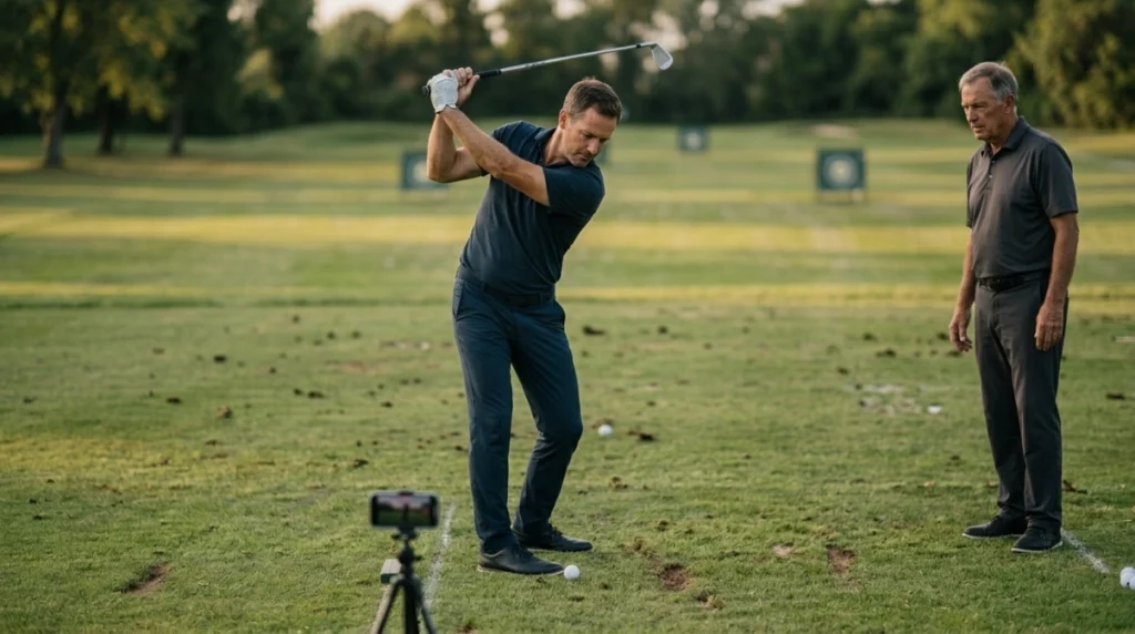 Swing Tempo Basics practice with a golfer maintaining balanced, controlled iron-swing timing