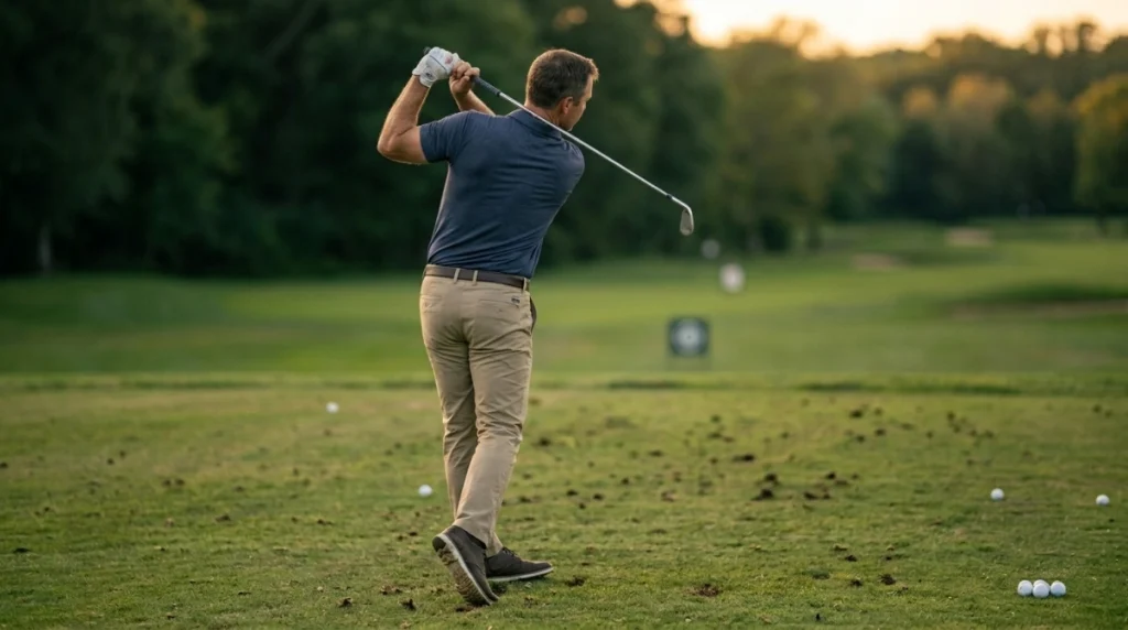 Golfer making a smooth transition illustrating swing rhythm and tempo on a driving range