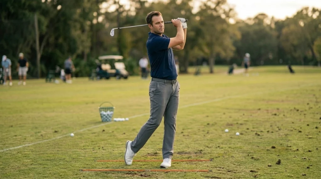 Golfer showing swing balance with controlled trail-side pressure and no excessive lateral sway