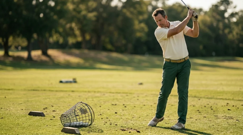 Golfer maintaining swing width and arm structure near the top of a balanced backswing