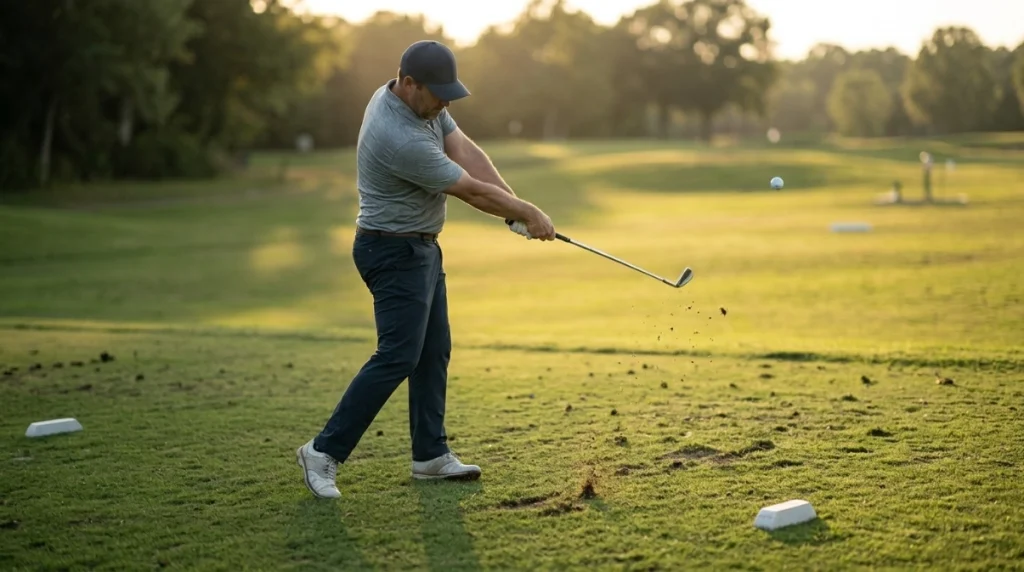 Golfer using a wide Swing Arc with ball-first iron contact and divot after impact