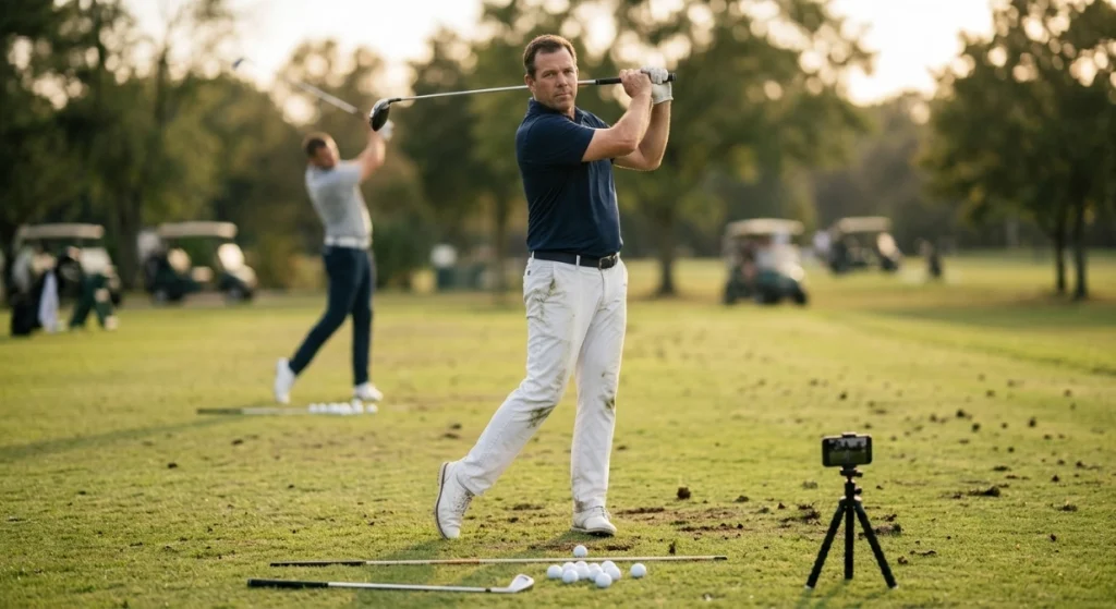 Golfer holding a balanced finish while practicing golf swing sequence drills on a grass range.