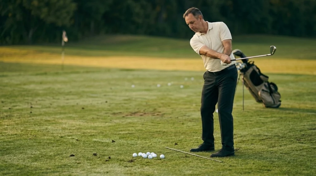 Golfer practicing golf swing mechanics with a controlled half-swing and alignment-stick drill.
