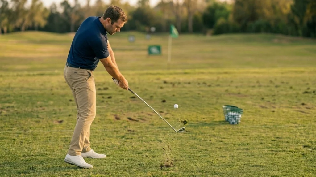 How the Golf Swing Works at iron impact with ball-first contact, turf after the ball, and rotation