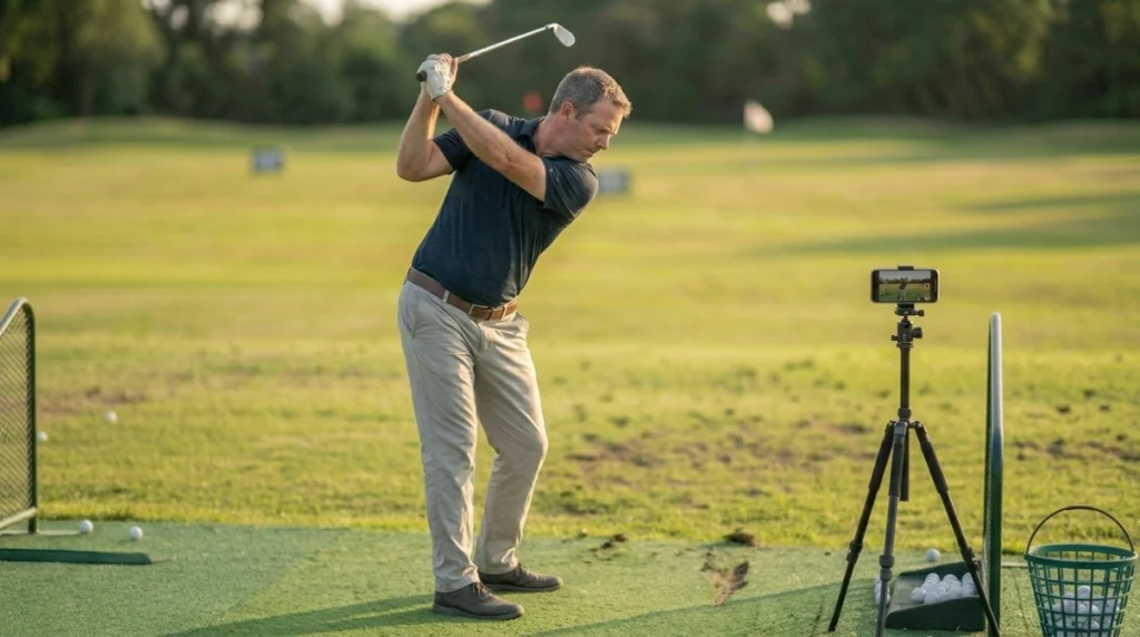 Golfer filming a 7-iron swing from down the target line to identify swing plane