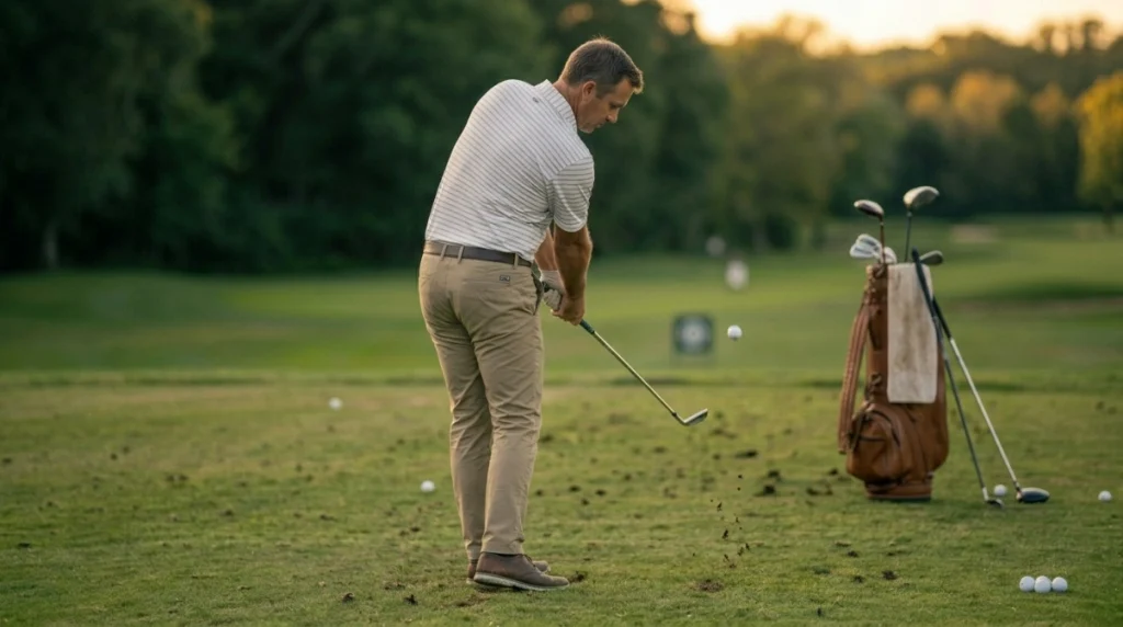 Golfer using a feet-together mid-iron drill to practice swing rhythm and balance