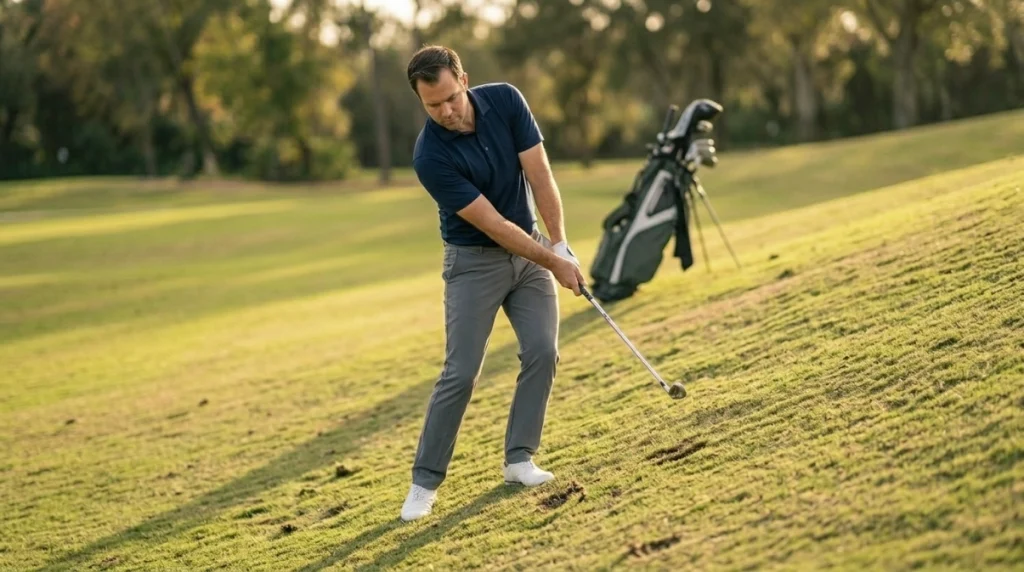 Golfer maintaining swing balance while playing a controlled iron shot from a sloped fairway