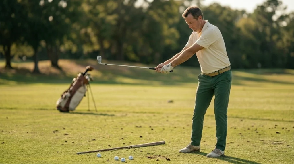 Golfer practicing swing width with a lead-arm-parallel checkpoint on a grass driving range