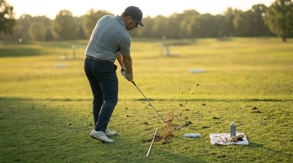 Golfer practicing a Swing Arc low-point drill with a turf reference line at the range
