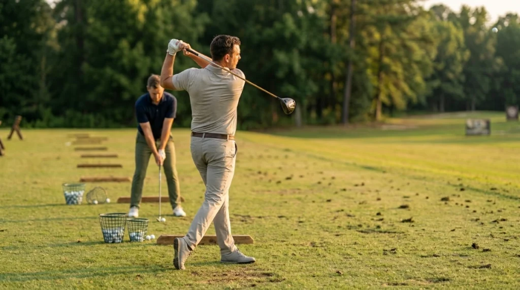 Two golfers practicing controlled driver swings to illustrate different golf swing speeds