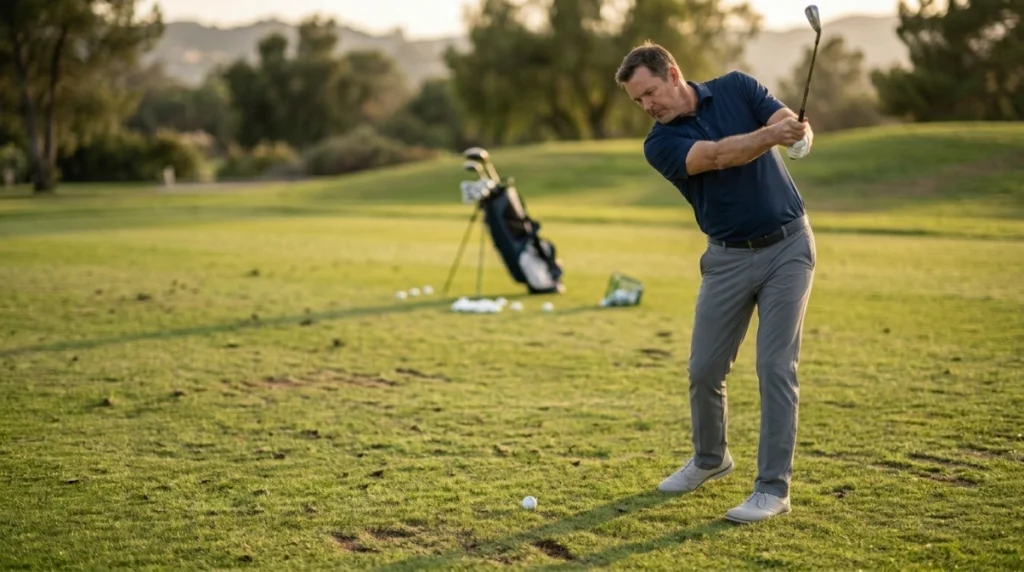 Golfer demonstrating connected takeaway and balanced backswing position on a driving range