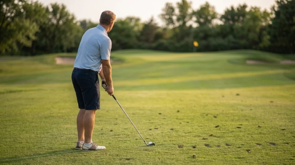 Golfer building a pre swing routine by assessing the target before an approach shot