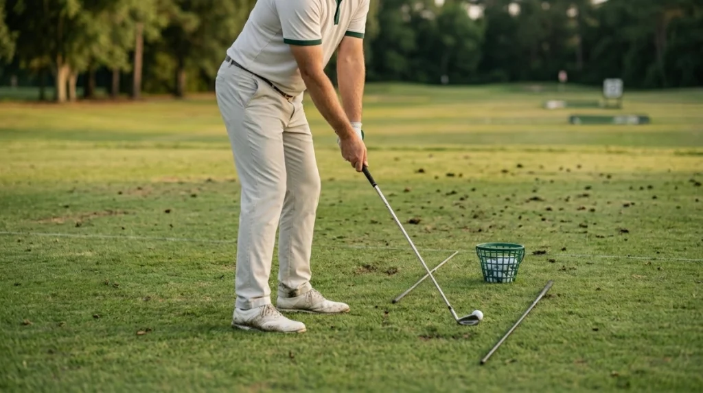 Golfer checking swing checkpoints for grip, alignment, posture, and ball position at address.