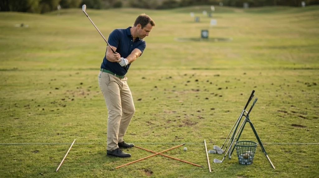 Beginner golfer practicing alignment and controlled iron swings during the first 12 weeks