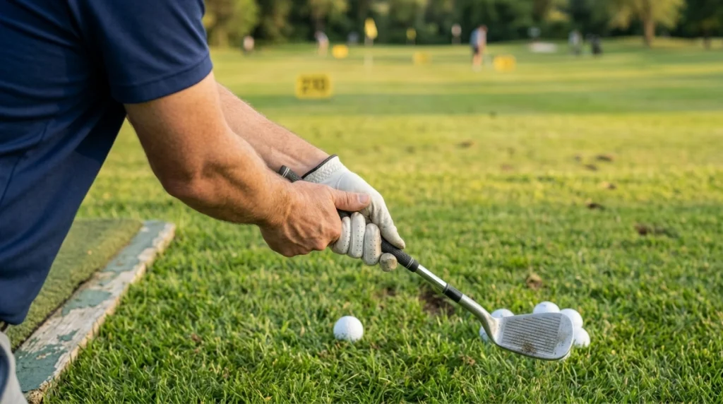 Golfer setting a strong golf grip with visible knuckles before a short-iron practice shot