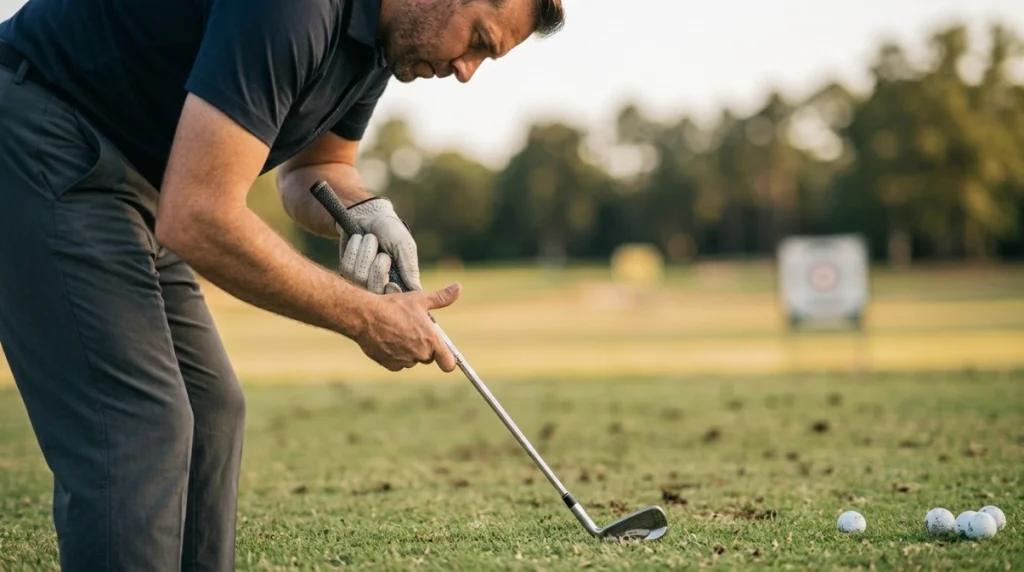 Golfer checking visible knuckles and lead-hand position for signs of a weak golf grip