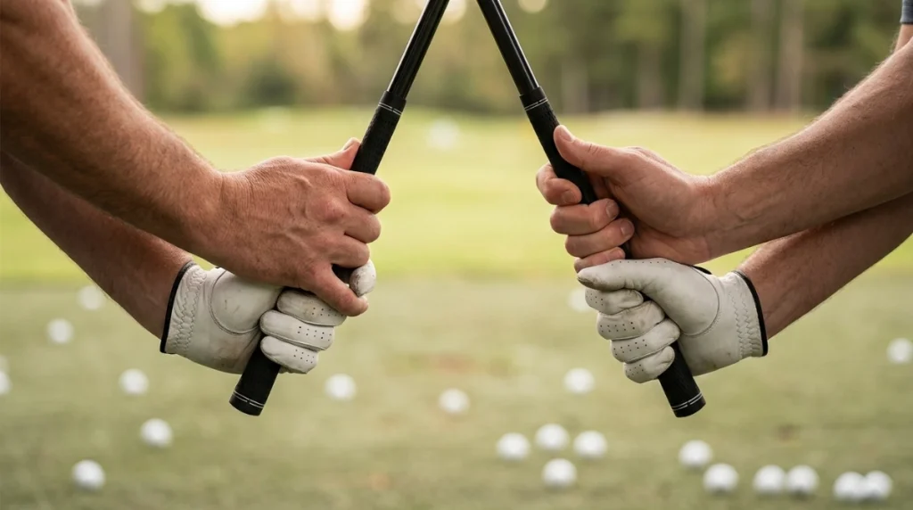 Side-by-side golfers demonstrating overlapping grip and interlocking grip hand connections