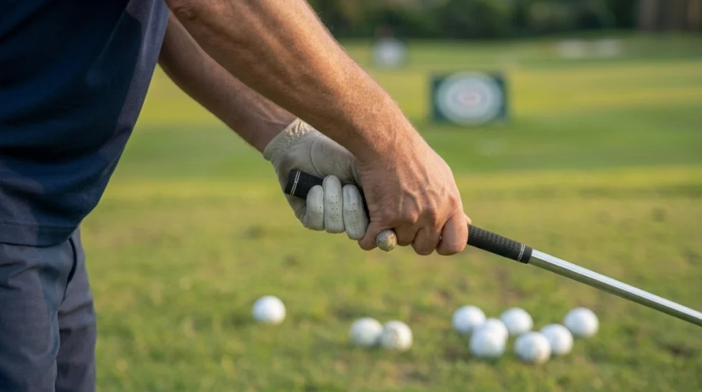 Golfer forming an interlocking grip with lead and trail hands before practice shots