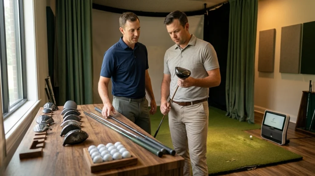Golfer and club fitter comparing driver shafts, lofts, and golf balls for swing speed