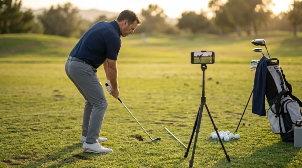Golfer practicing golf swing positions while recording a down-the-line swing video