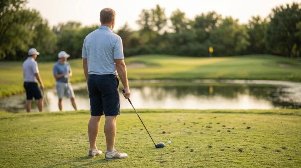 Golfer using a pre swing routine before a pressure tee shot over water
