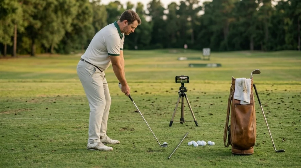 Golfer filming practice to evaluate swing checkpoints on a natural grass driving range.