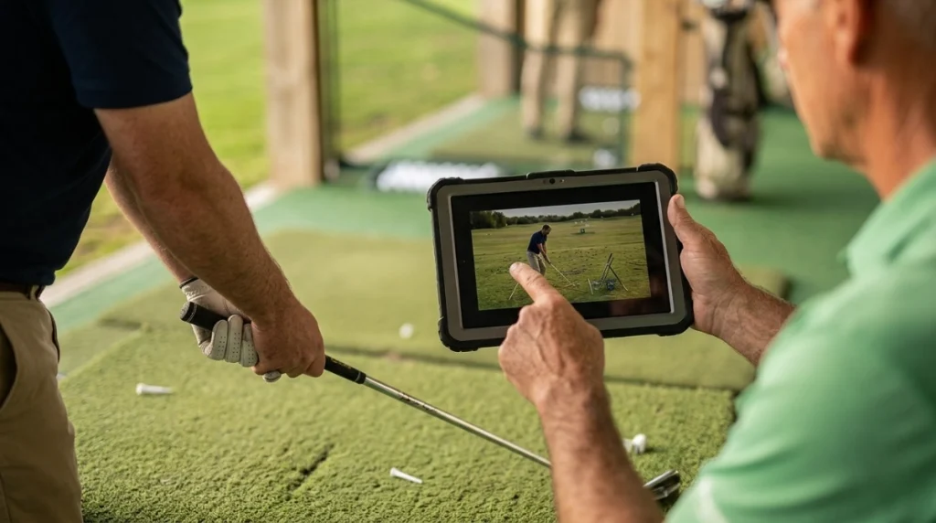 Golf instructor reviewing swing feedback with a recreational golfer at a teaching bay
