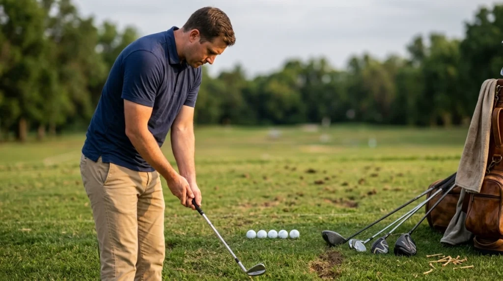 Golfer practicing a neutral golf grip with five balls before progressing through longer clubs