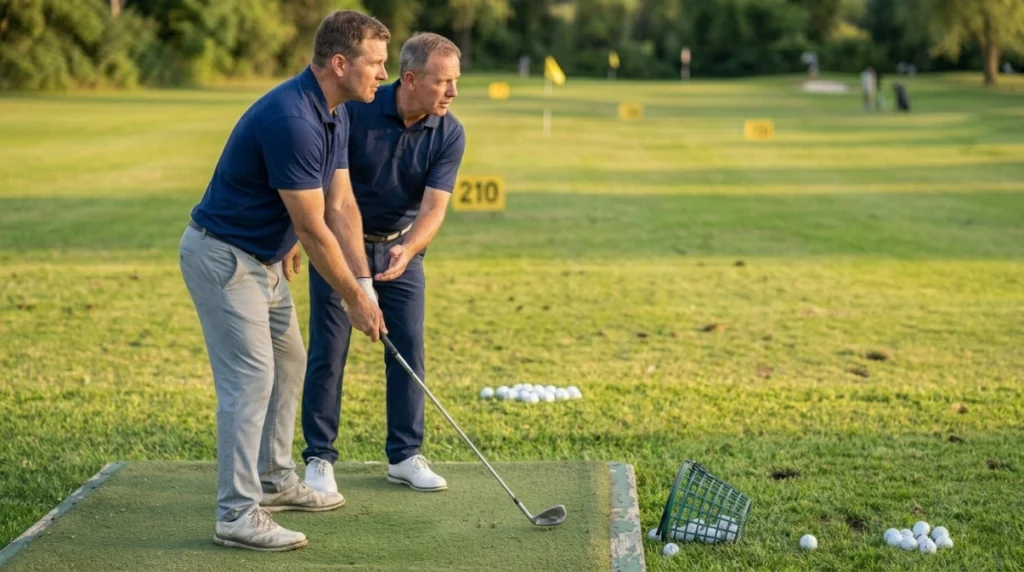Golfer and instructor evaluating whether a strong golf grip improves open-clubface ball flight
