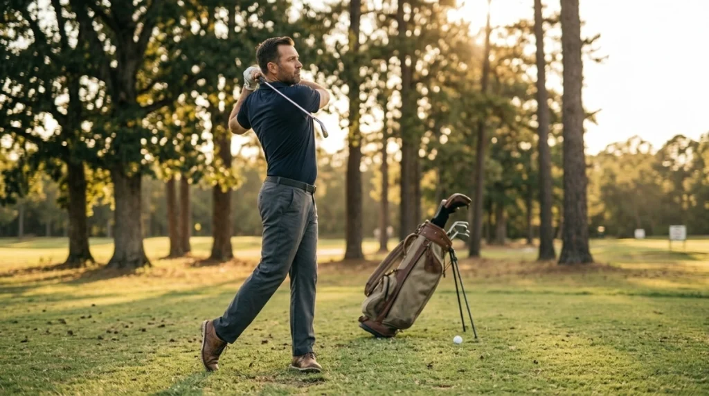 Golfer shaping a controlled fade, showing that a weak golf grip is not always a fault