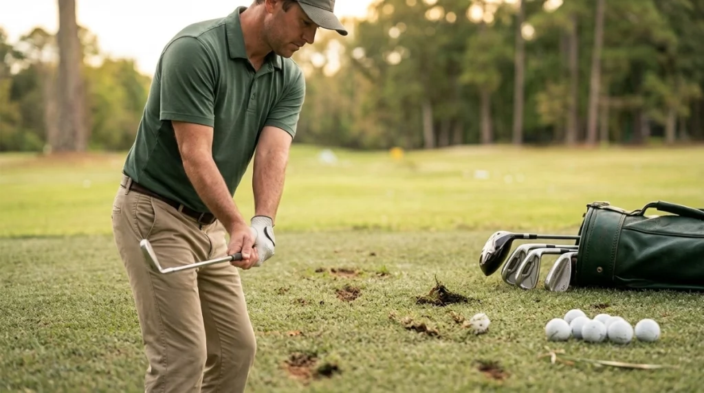 Golfer practicing an overlapping grip during a gradual range session with irons and longer clubs