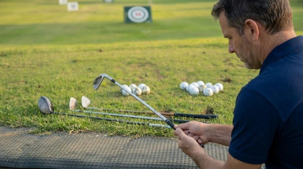 Golfer testing an interlocking grip with wedge, 7-iron, and driver at a practice range